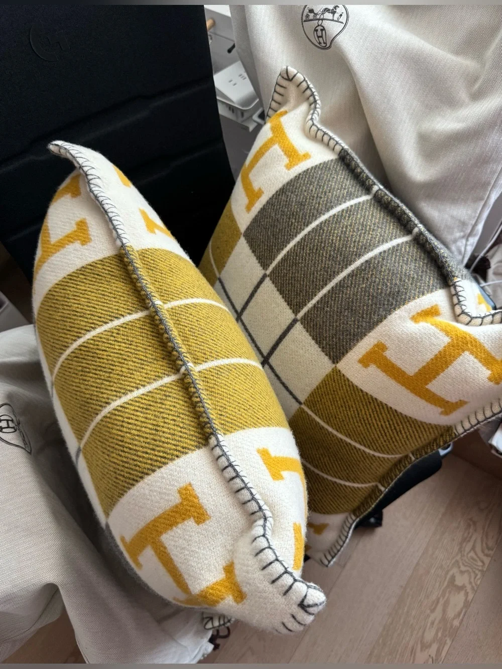 Two Hermes Avalon III Throw Pillow yellow grey